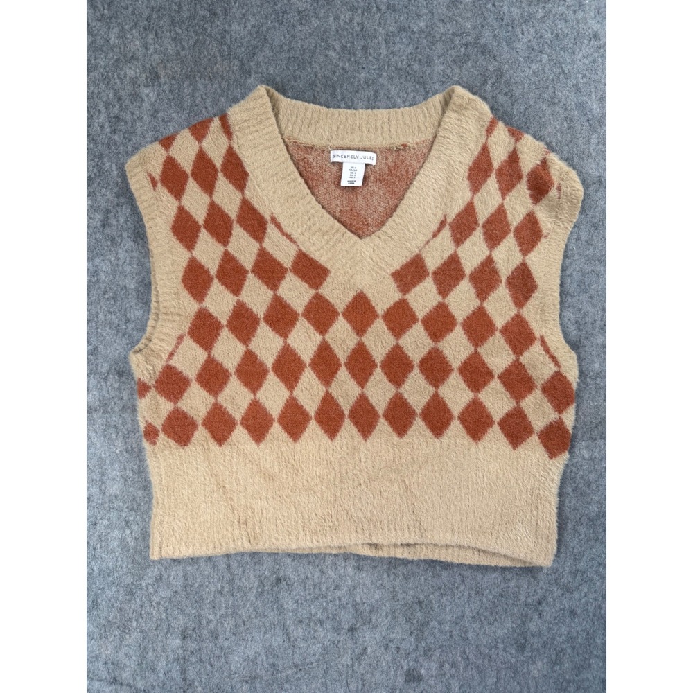 Sincerely Jules Sweater Vest Women S Tan Orange Argyle Knit V-Neck Preppy Crop